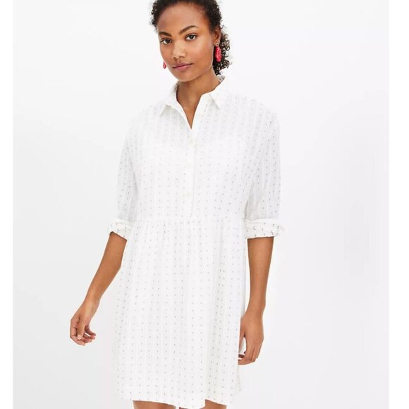New LOFT White Dobby Button Swing Shirtdress Medium Preppy Modest Embroidered - Picture 1 of 15